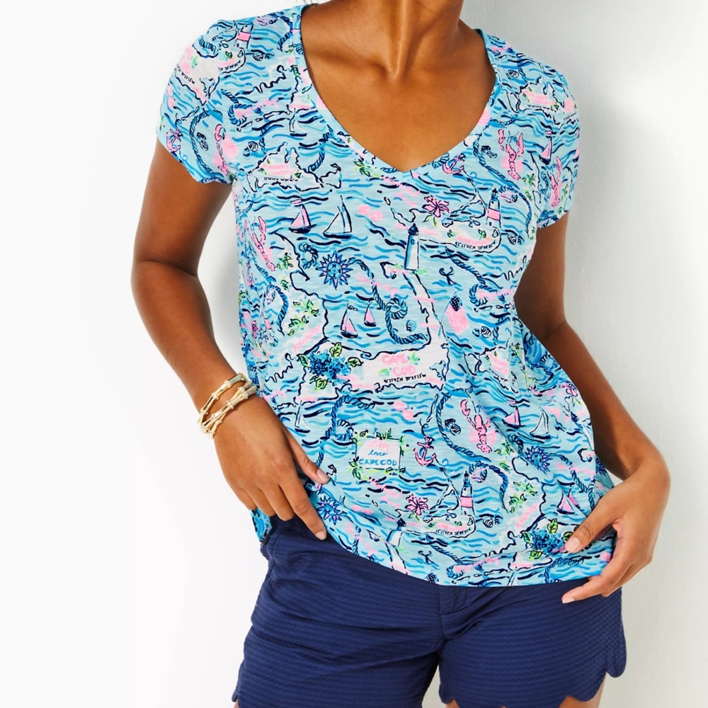 Lilly Pulitzer Etta V-Neck T-Shirt-Lilly Loves Cape Cod-Bali Blue-NWT In Package